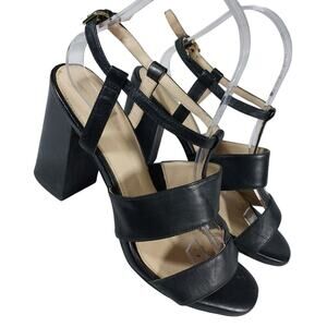COLE HAAN! BLACK GENUINE LEATHER DOUBLE T-STRAP & BUCKLE CHUNKY HEELS! SZ 7B